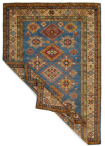 6x8 Blue and Ivory Kazak Tribal Rug