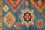 6x8 Blue and Ivory Kazak Tribal Rug