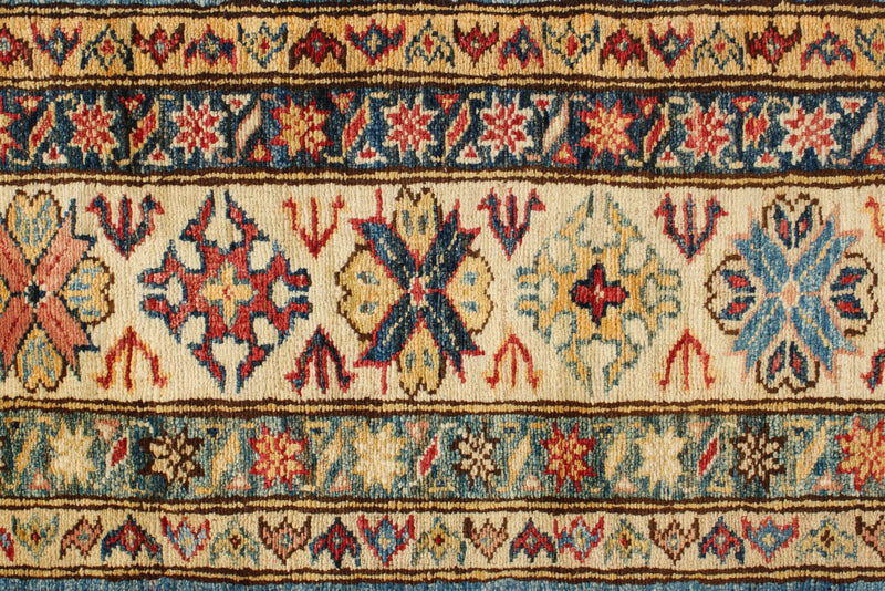 6x8 Blue and Ivory Kazak Tribal Rug