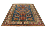 6x8 Blue and Ivory Kazak Tribal Rug