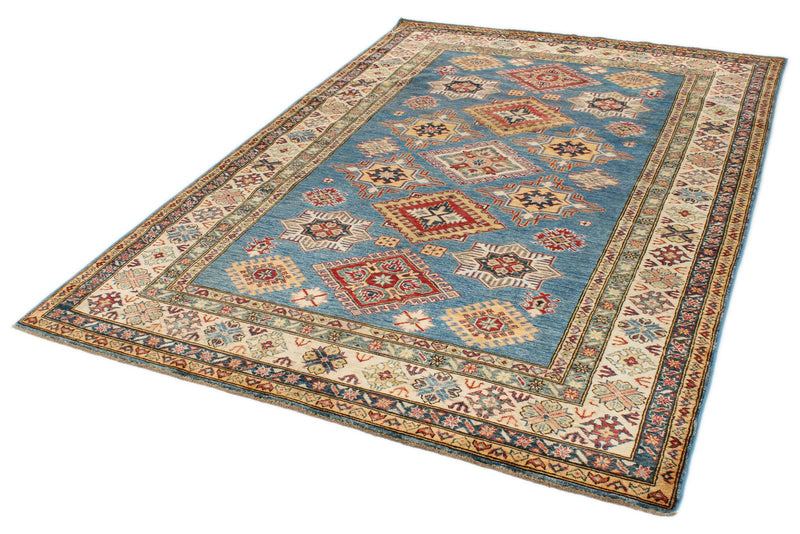 6x8 Blue and Ivory Kazak Tribal Rug