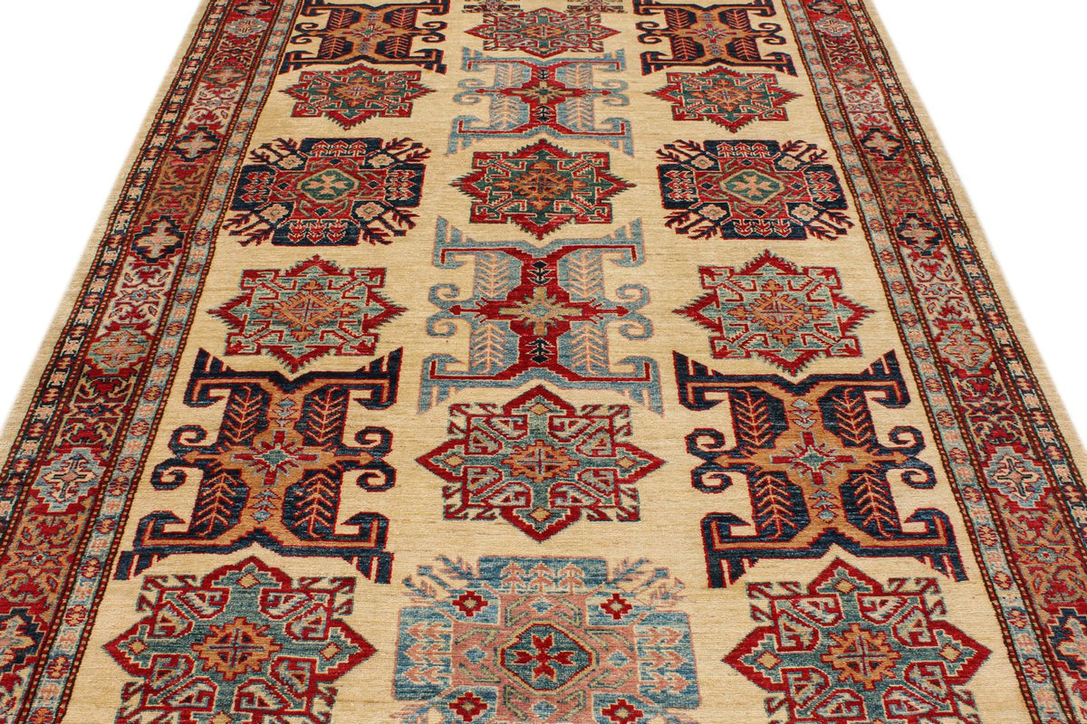 6x8 Ivory and Red Kazak Tribal Rug