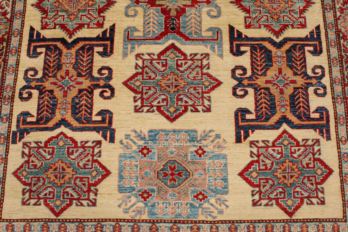 6x8 Ivory and Red Kazak Tribal Rug