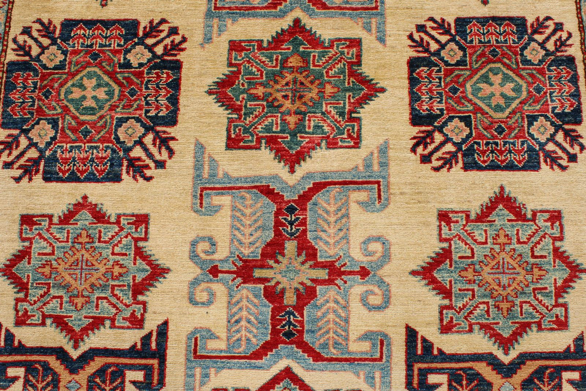 6x8 Ivory and Red Kazak Tribal Rug