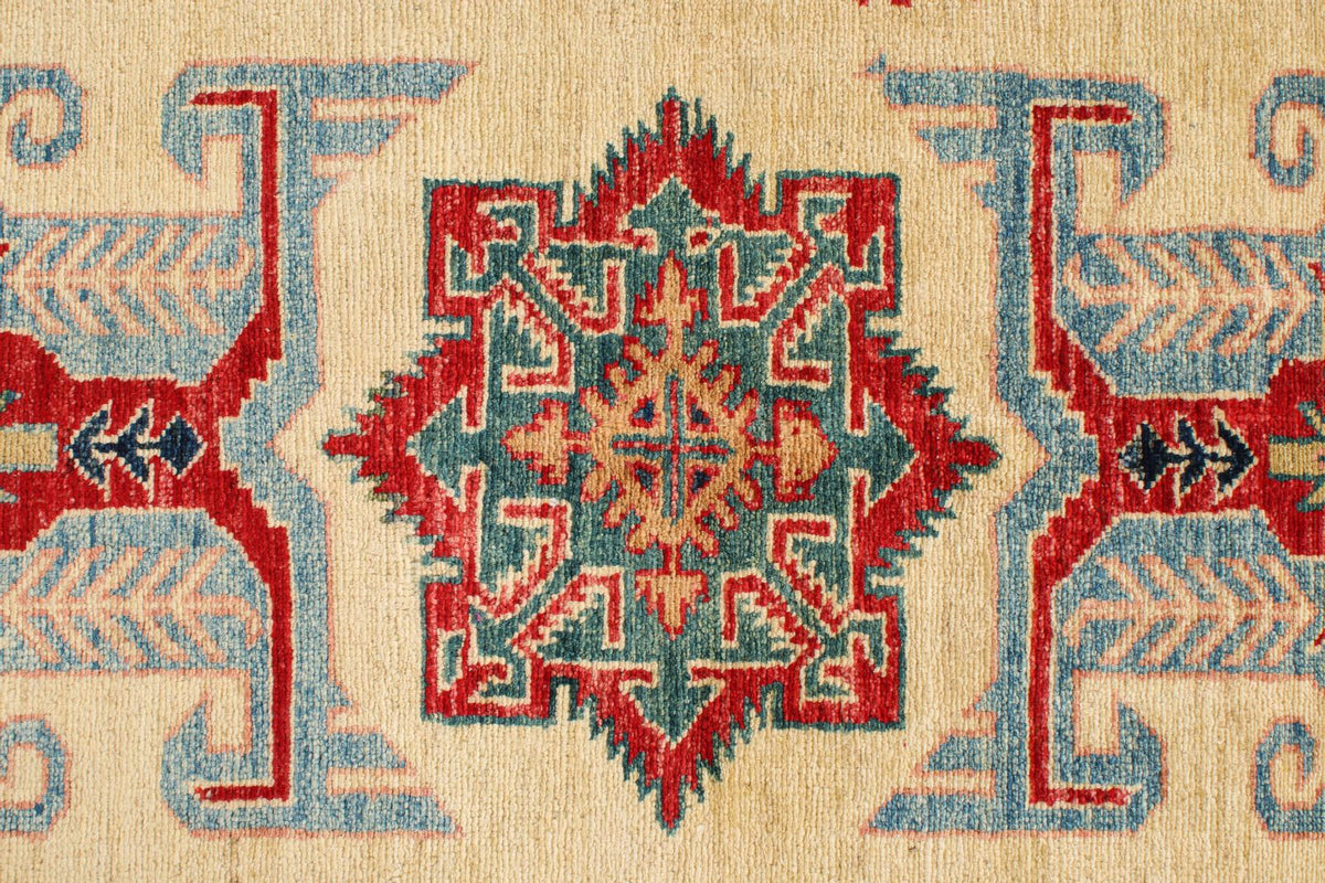 6x8 Ivory and Red Kazak Tribal Rug