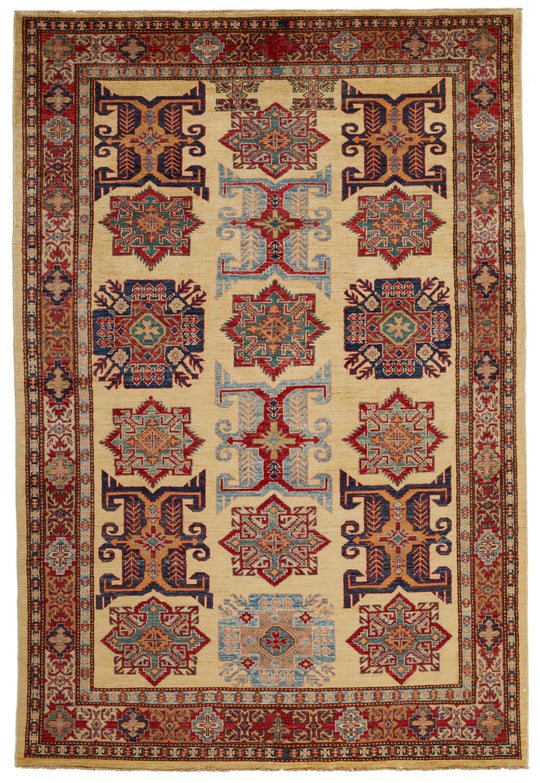 6x8 Ivory and Red Kazak Tribal Rug