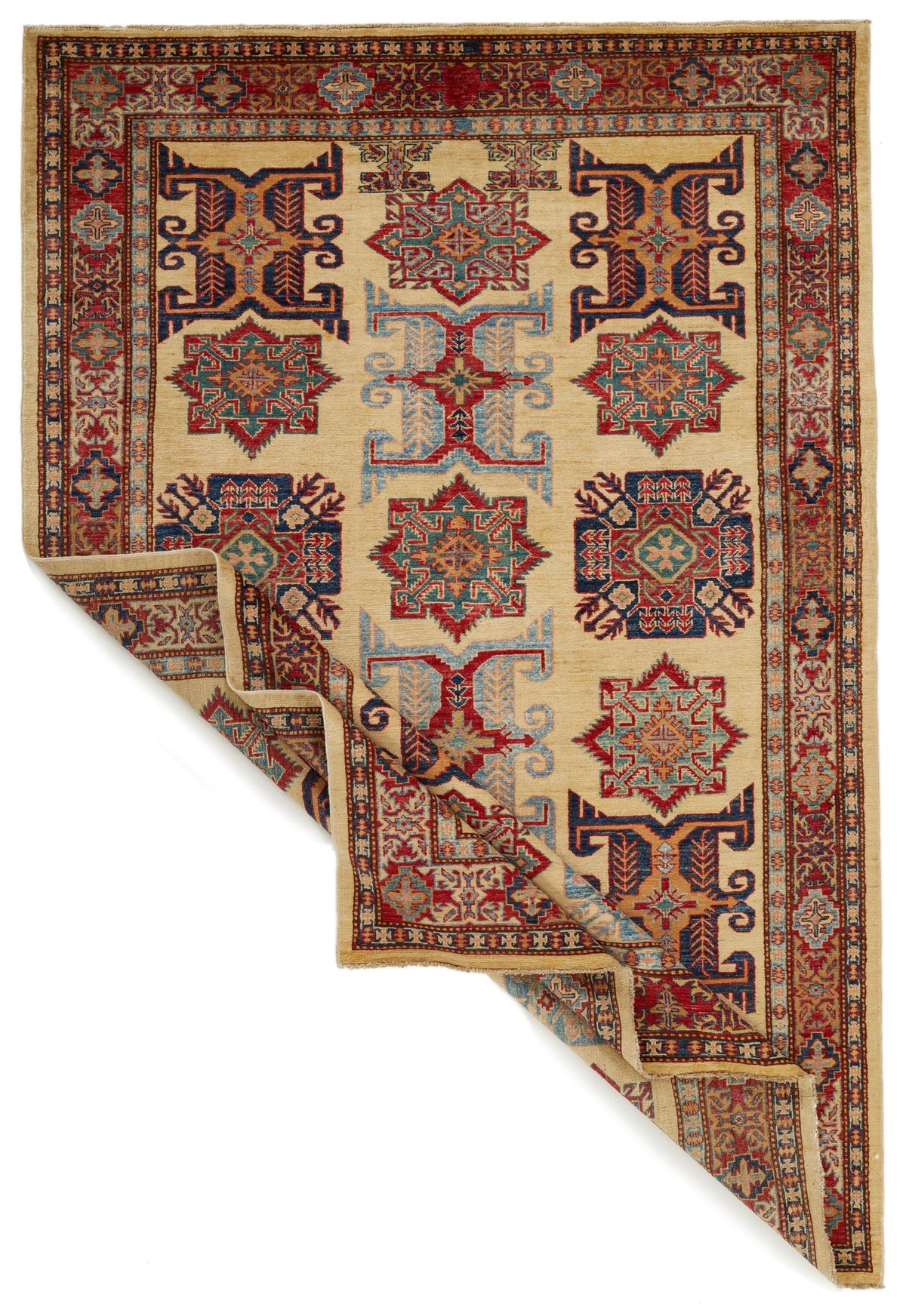 6x8 Ivory and Red Kazak Tribal Rug