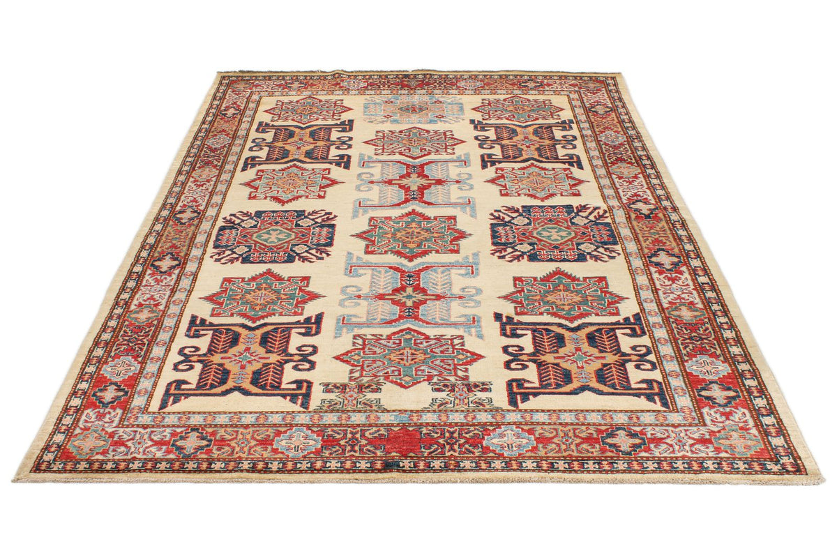 6x8 Ivory and Red Kazak Tribal Rug