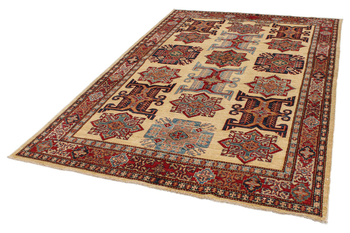 6x8 Ivory and Red Kazak Tribal Rug