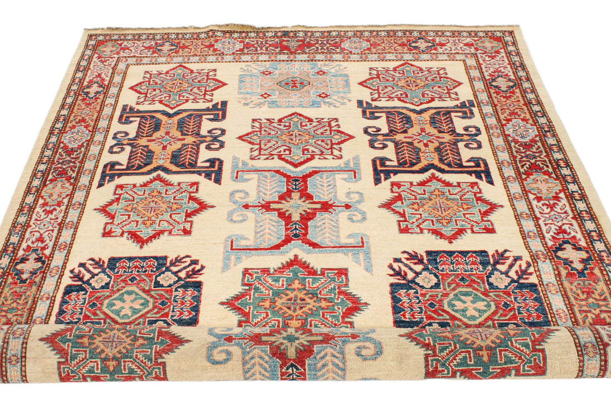 6x8 Ivory and Red Kazak Tribal Rug