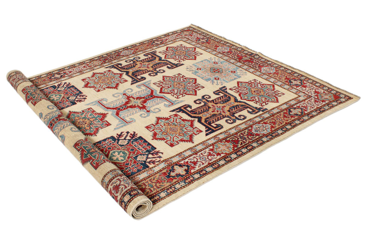 6x8 Ivory and Red Kazak Tribal Rug