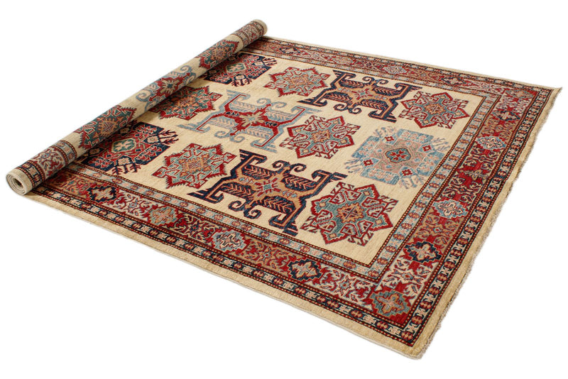 6x8 Ivory and Red Kazak Tribal Rug