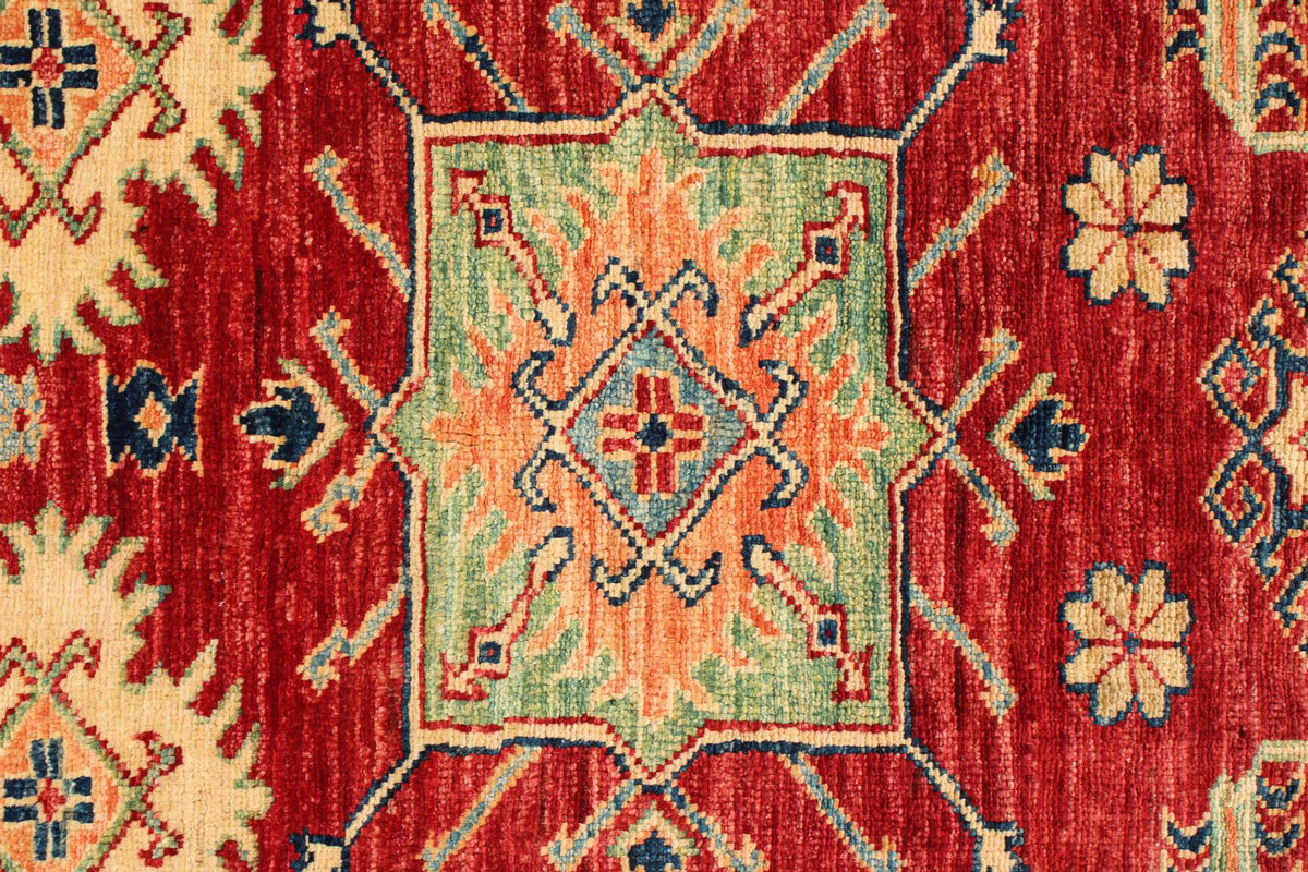 6x8 Red and Ivory Kazak Tribal Rug
