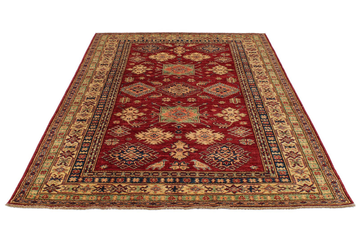 6x8 Red and Ivory Kazak Tribal Rug