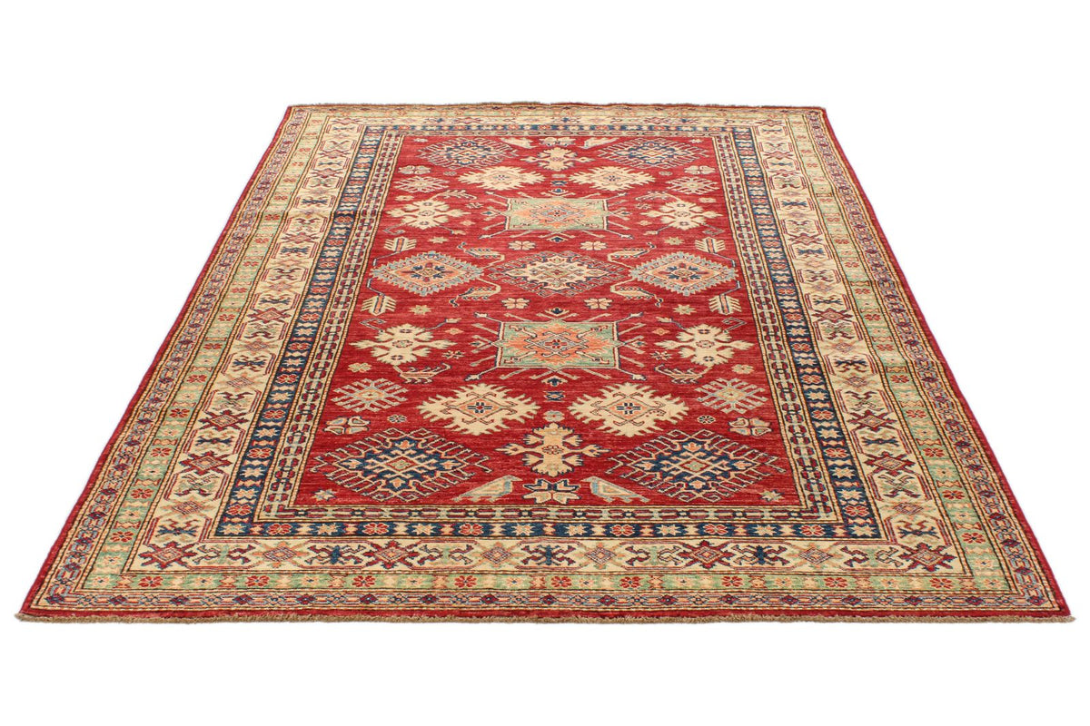 6x8 Red and Ivory Kazak Tribal Rug