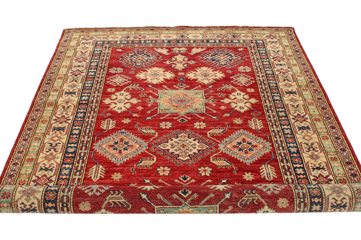 6x8 Red and Ivory Kazak Tribal Rug