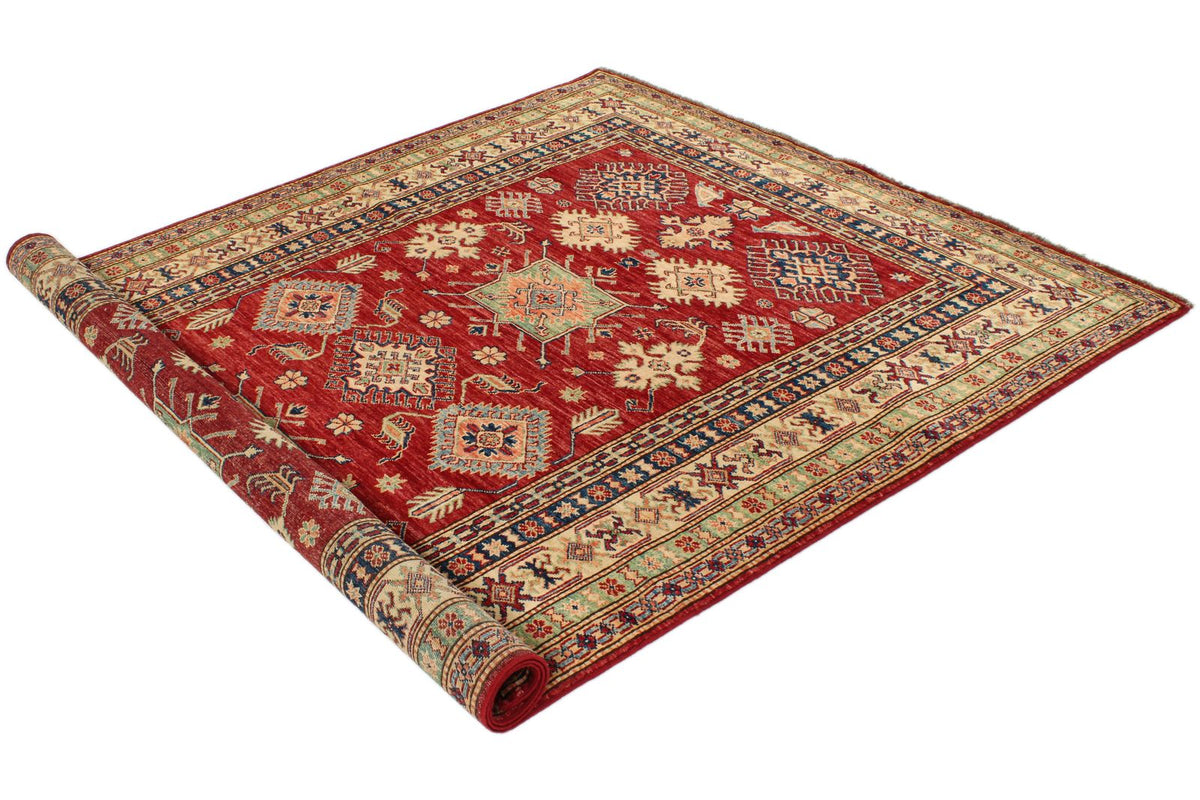 6x8 Red and Ivory Kazak Tribal Rug