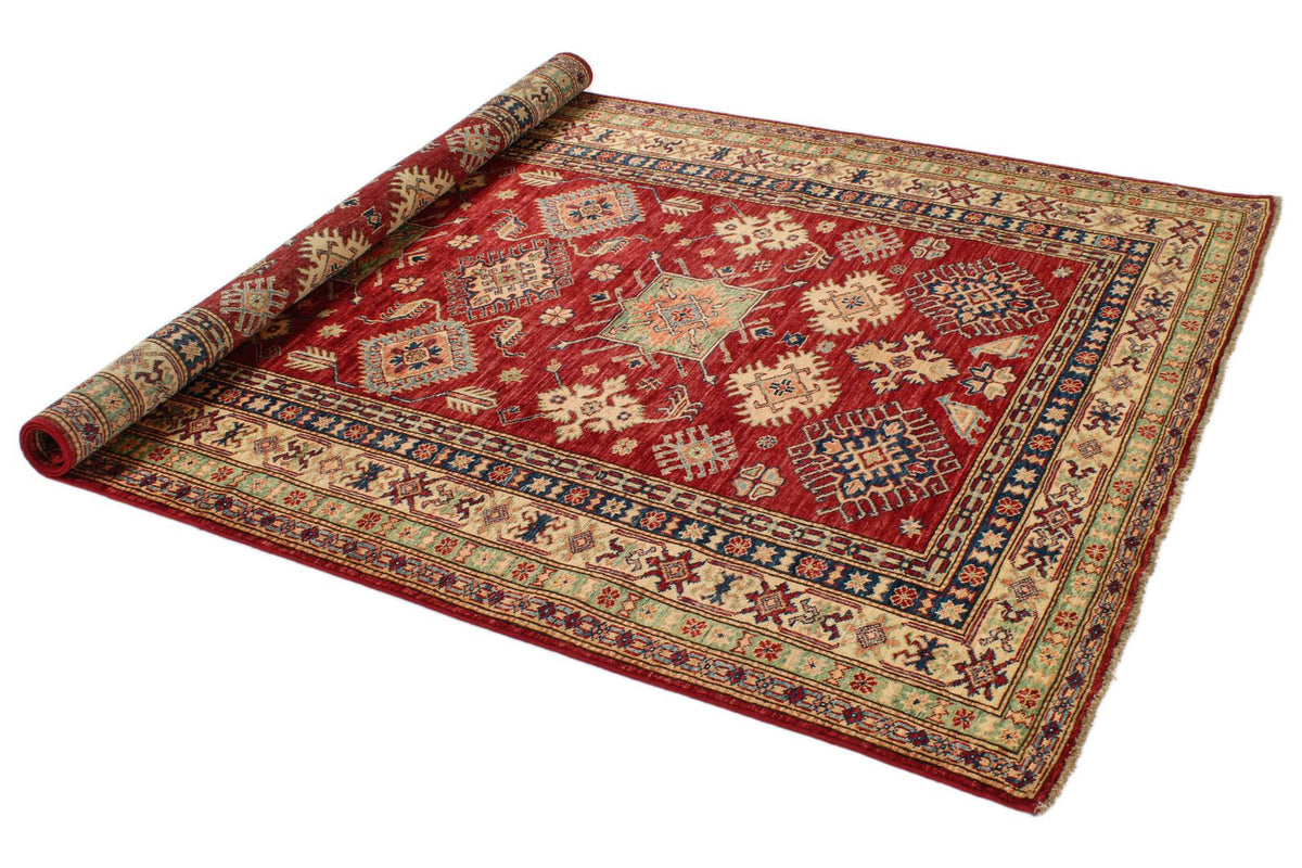 6x8 Red and Ivory Kazak Tribal Rug