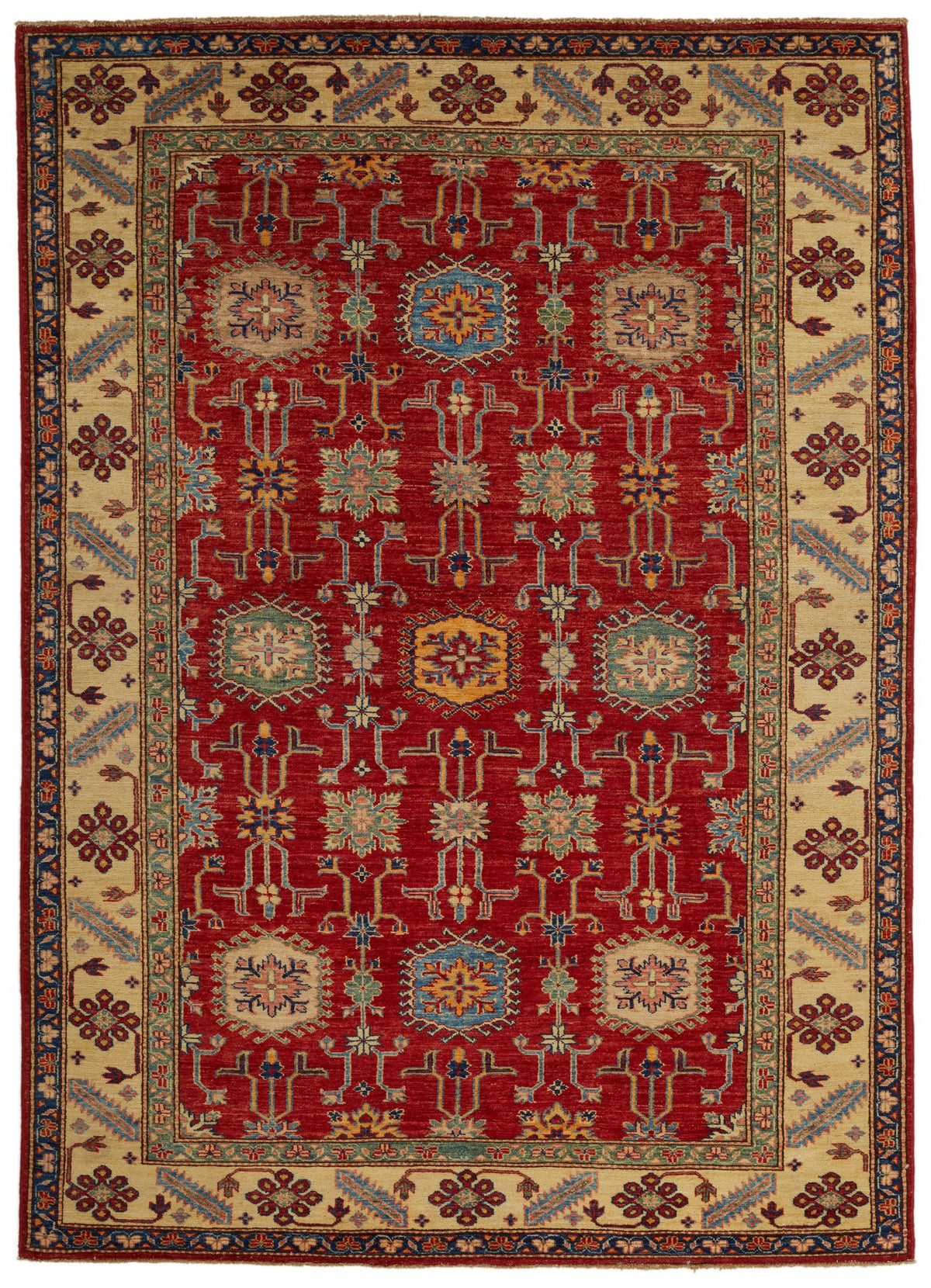 6x8 Red and Ivory Kazak Tribal Rug