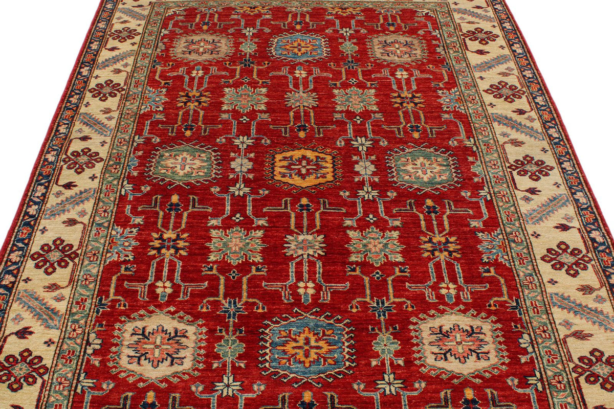 6x8 Red and Ivory Kazak Tribal Rug