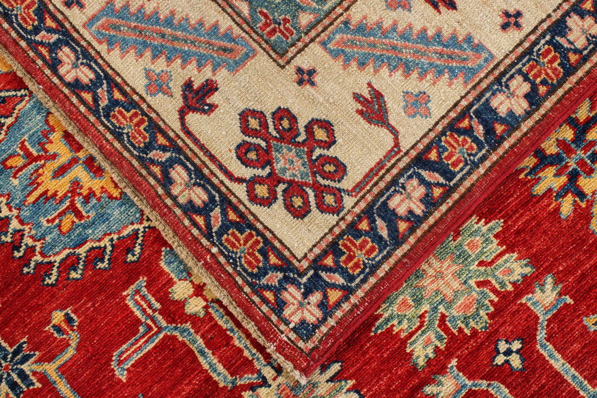 6x8 Red and Ivory Kazak Tribal Rug