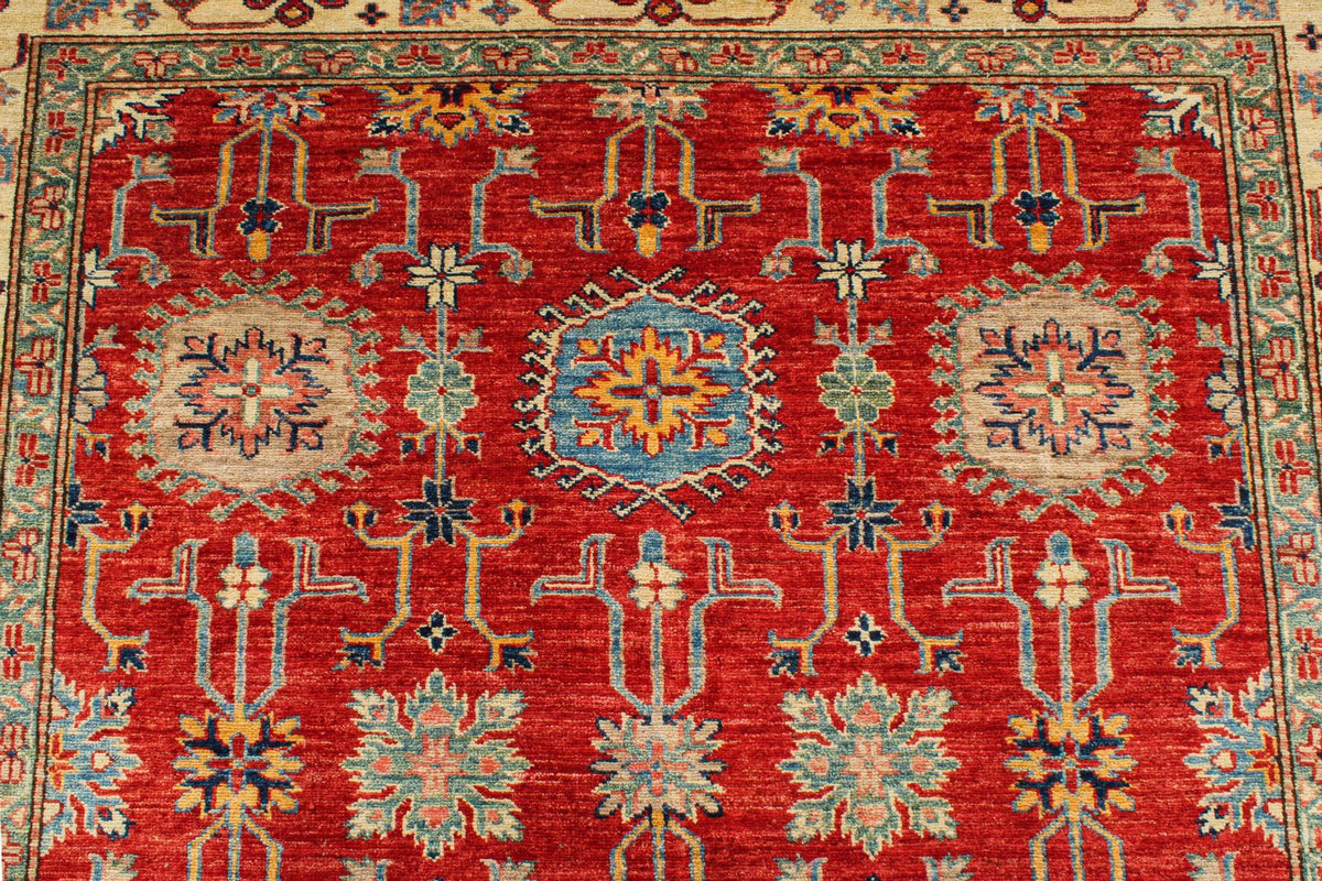 6x8 Red and Ivory Kazak Tribal Rug