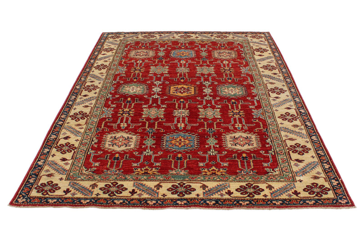 6x8 Red and Ivory Kazak Tribal Rug