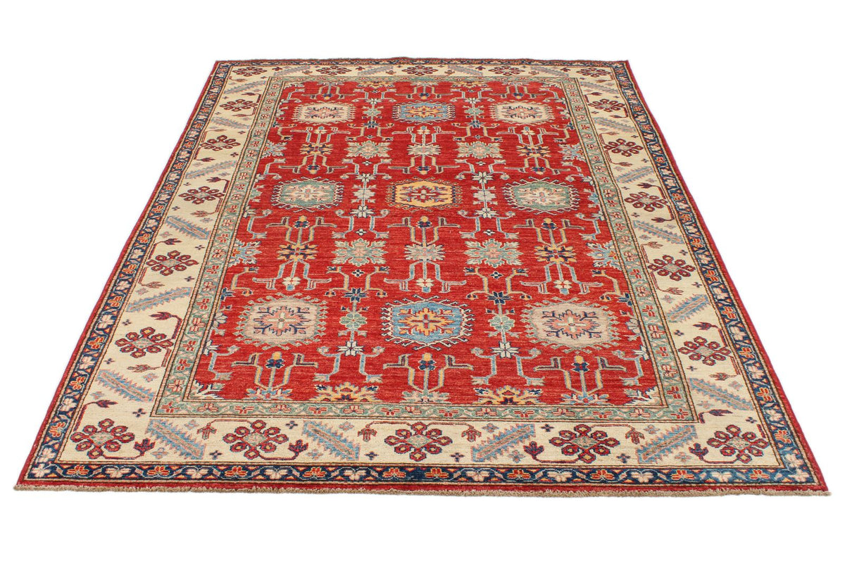 6x8 Red and Ivory Kazak Tribal Rug