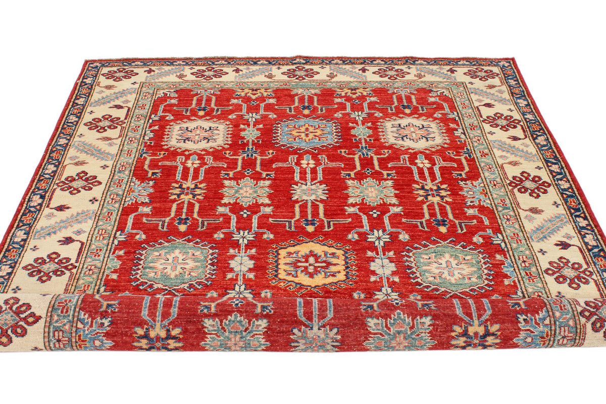 6x8 Red and Ivory Kazak Tribal Rug