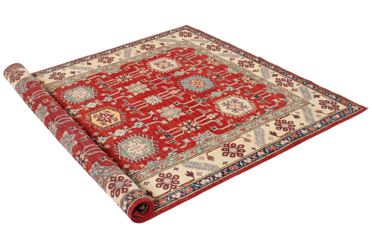 6x8 Red and Ivory Kazak Tribal Rug