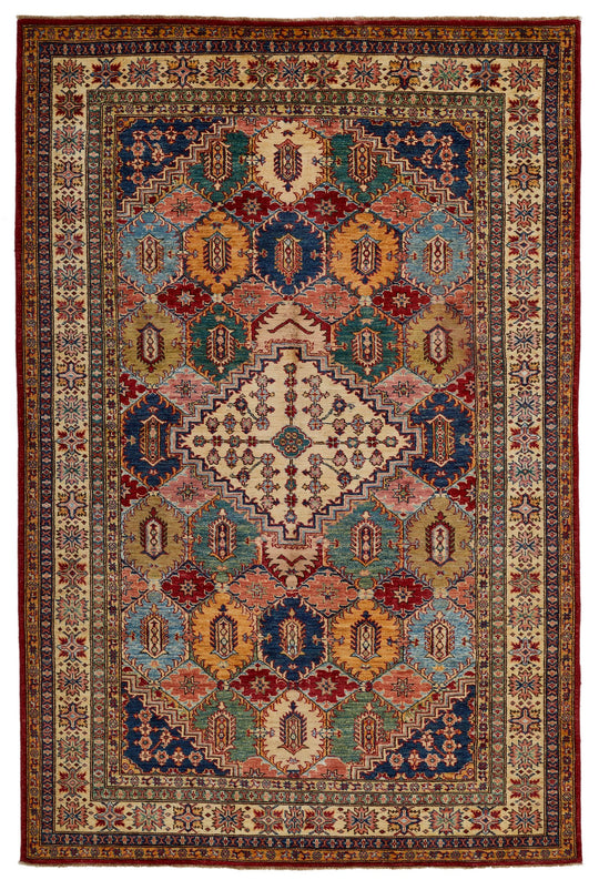6x9 Red and Ivory Kazak Tribal Rug