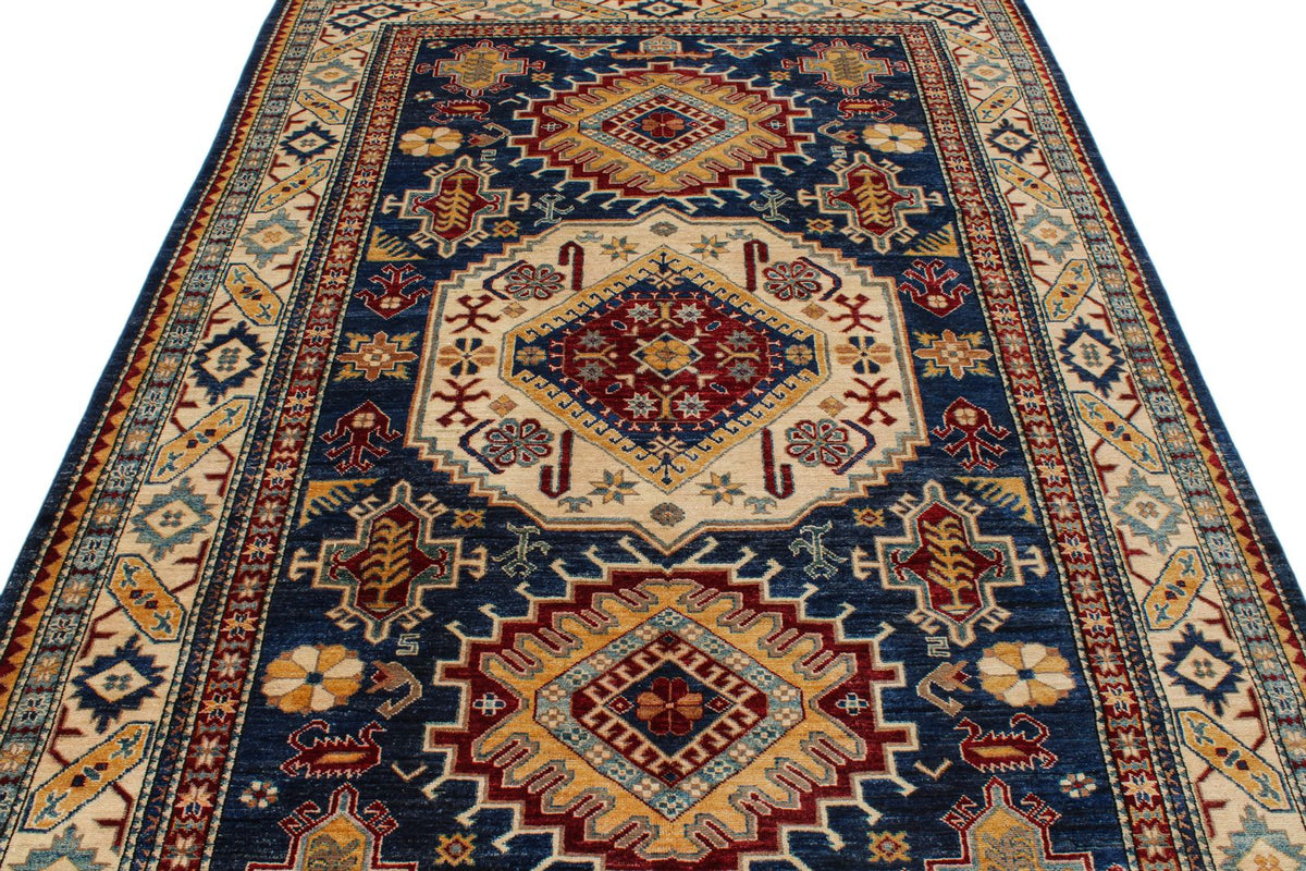6x9 Navy and Ivory Kazak Tribal Rug