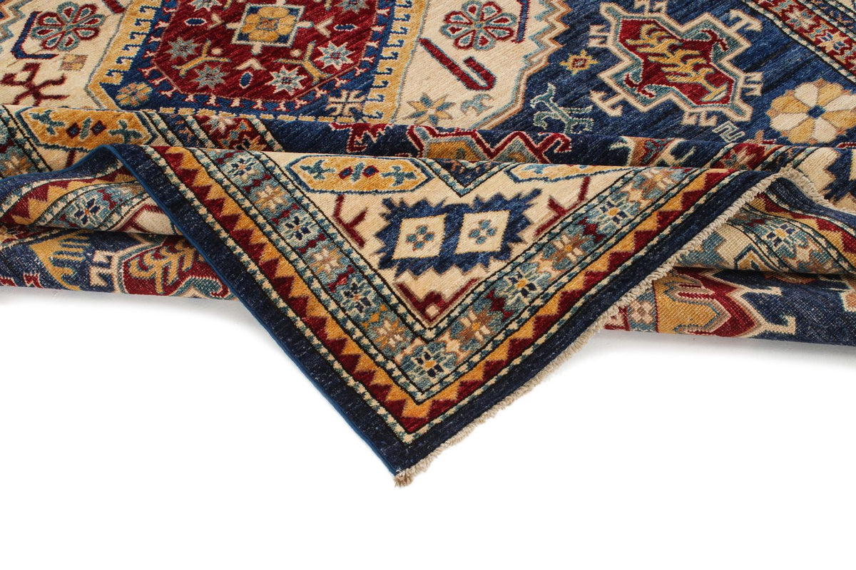 6x9 Navy and Ivory Kazak Tribal Rug
