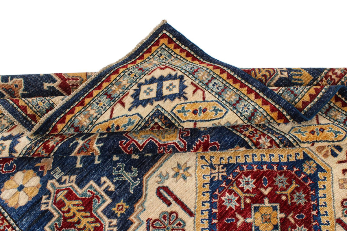 6x9 Navy and Ivory Kazak Tribal Rug