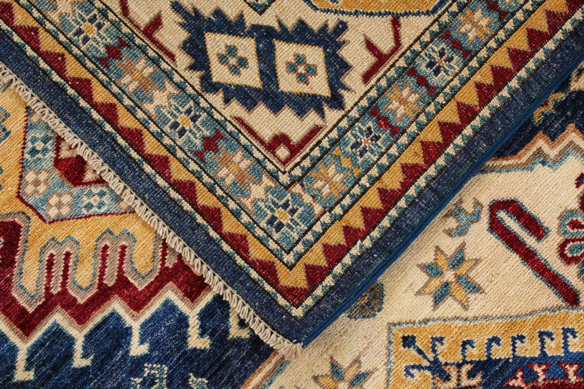 6x9 Navy and Ivory Kazak Tribal Rug