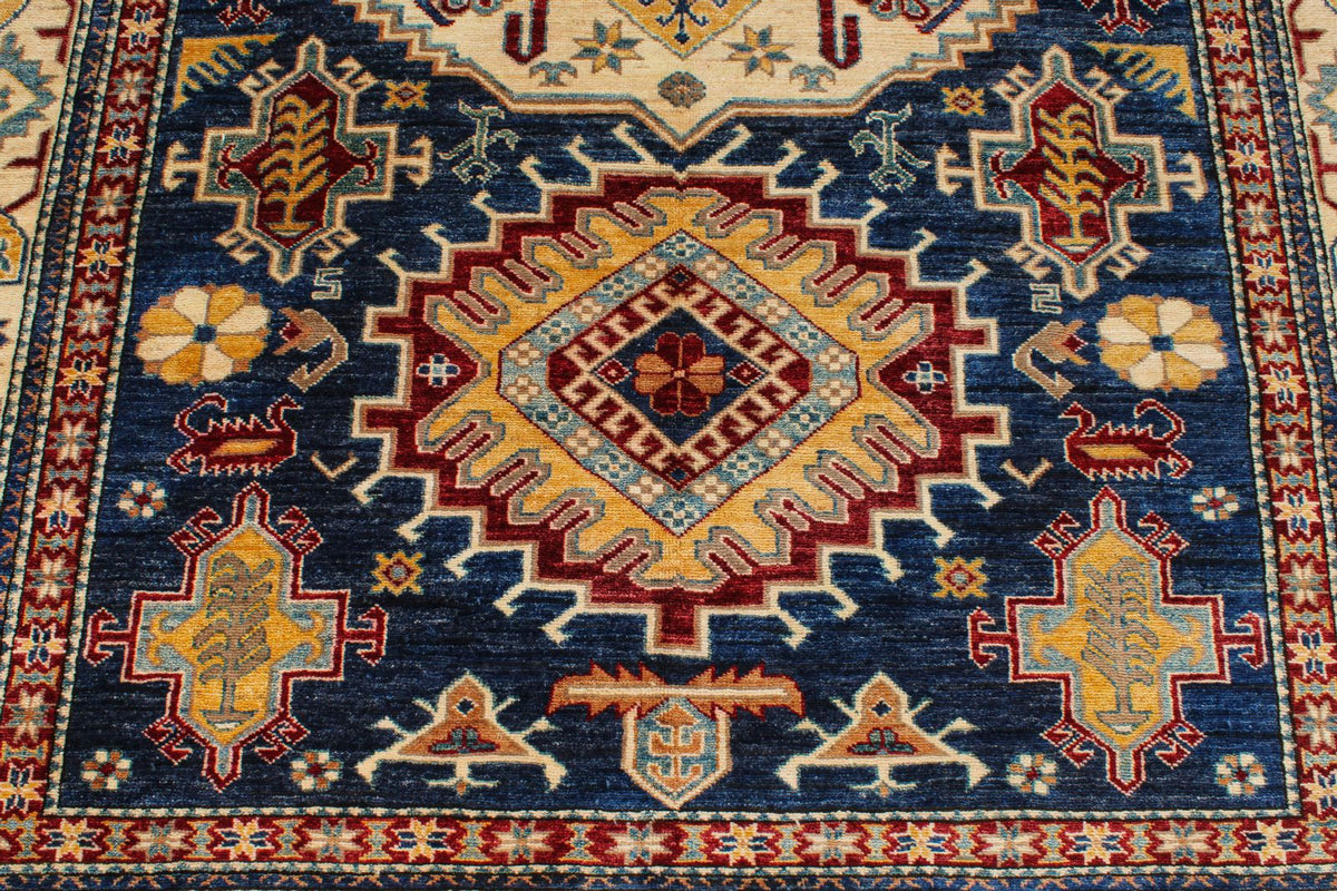 6x9 Navy and Ivory Kazak Tribal Rug