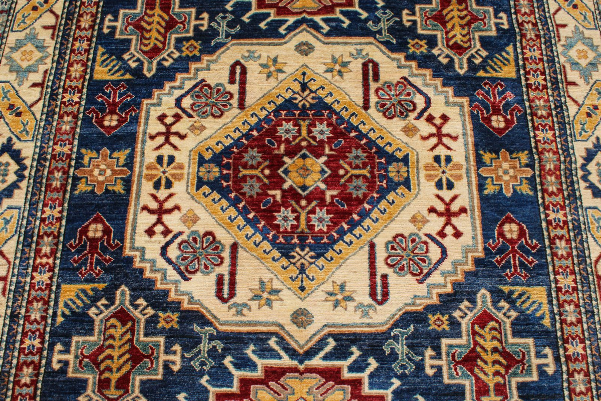 6x9 Navy and Ivory Kazak Tribal Rug