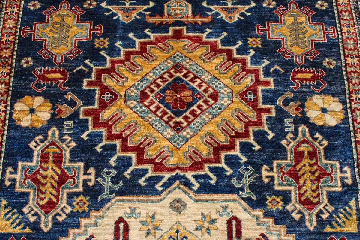 6x9 Navy and Ivory Kazak Tribal Rug