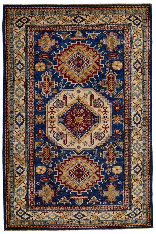 6x9 Navy and Ivory Kazak Tribal Rug