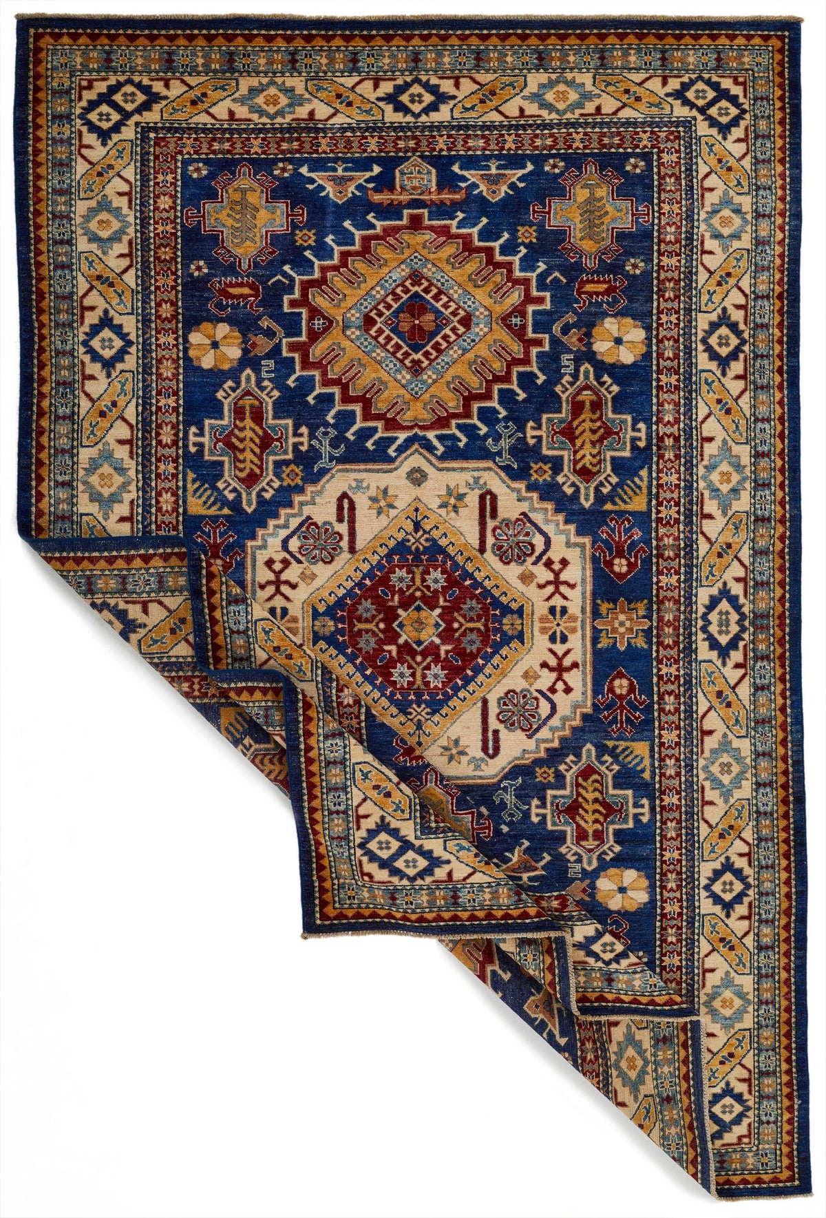 6x9 Navy and Ivory Kazak Tribal Rug