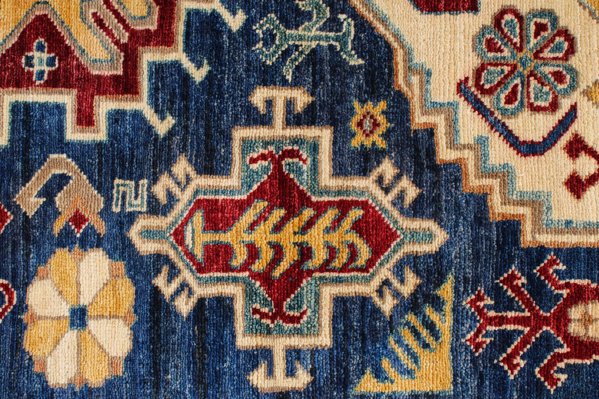 6x9 Navy and Ivory Kazak Tribal Rug