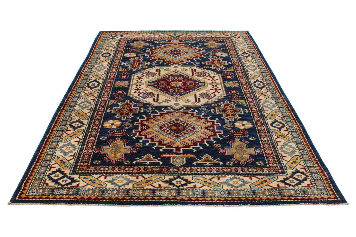 6x9 Navy and Ivory Kazak Tribal Rug