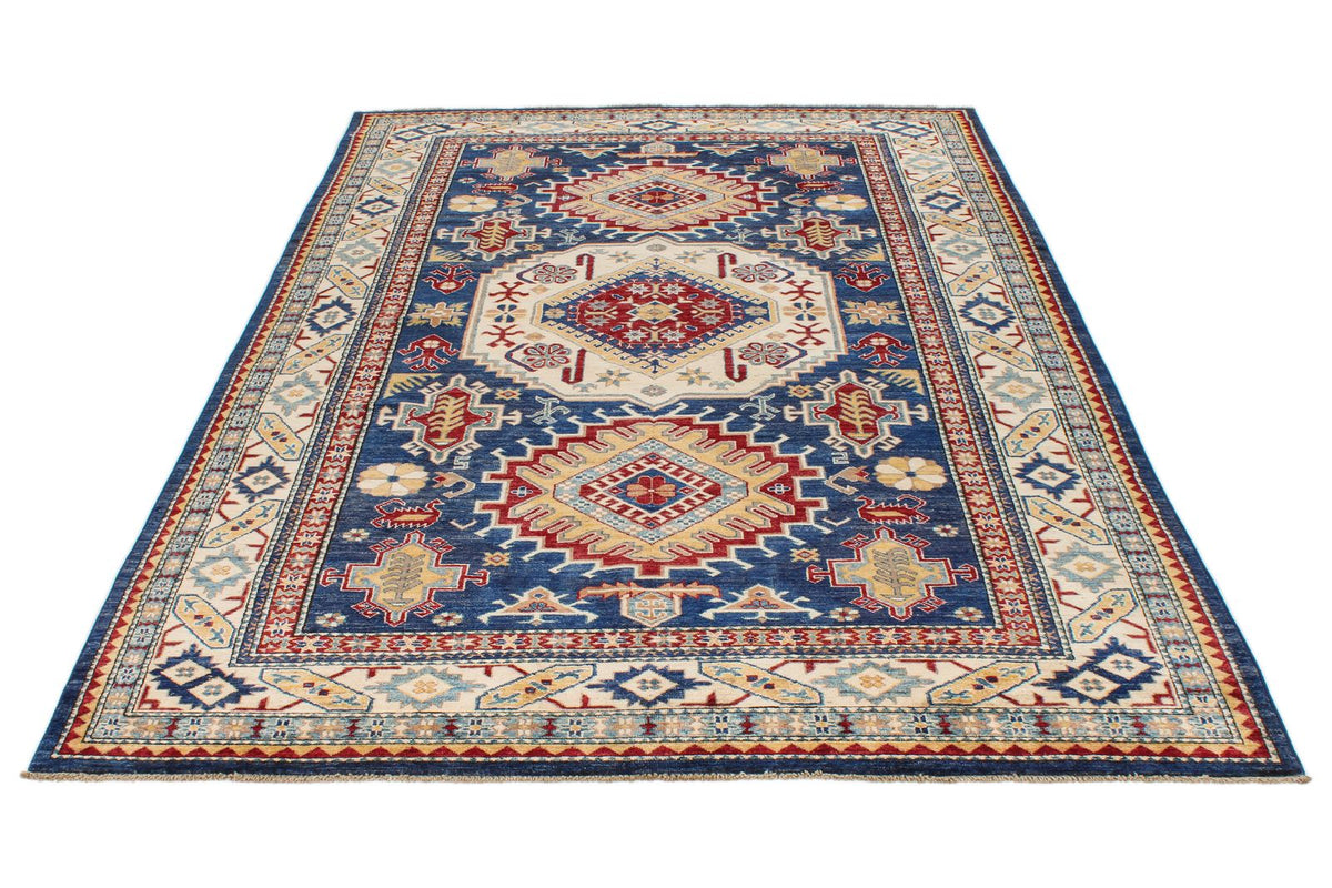 6x9 Navy and Ivory Kazak Tribal Rug