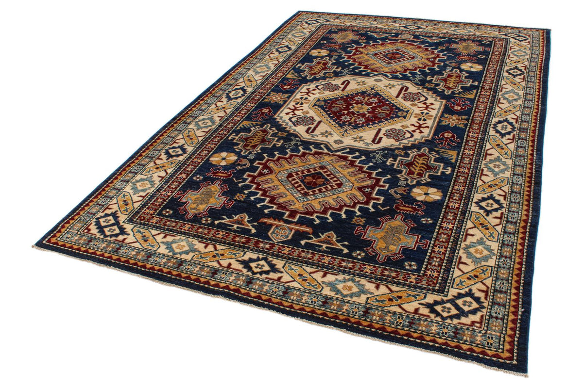 6x9 Navy and Ivory Kazak Tribal Rug