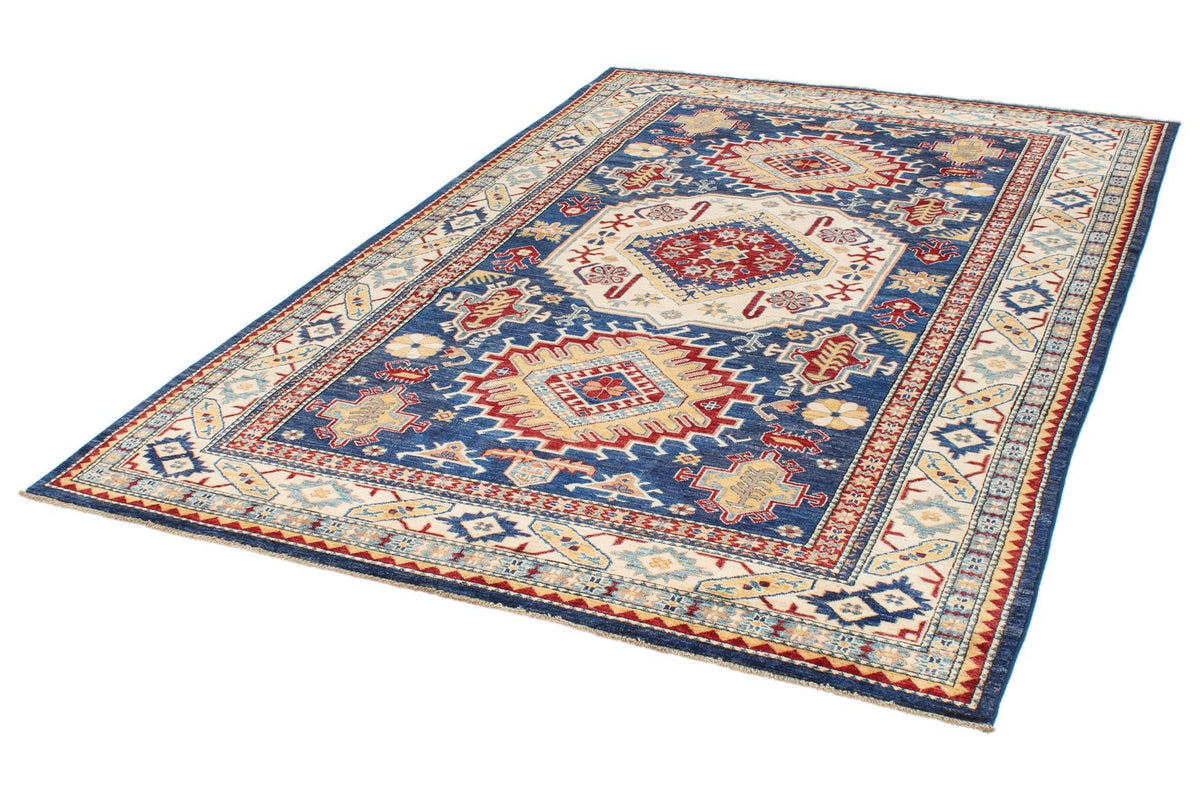 6x9 Navy and Ivory Kazak Tribal Rug