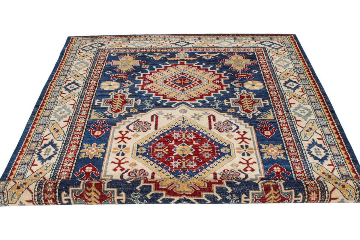 6x9 Navy and Ivory Kazak Tribal Rug