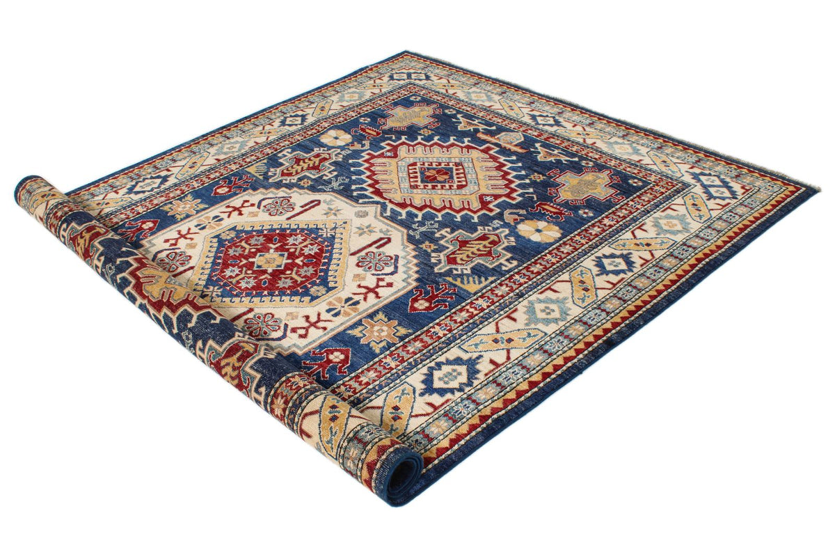 6x9 Navy and Ivory Kazak Tribal Rug