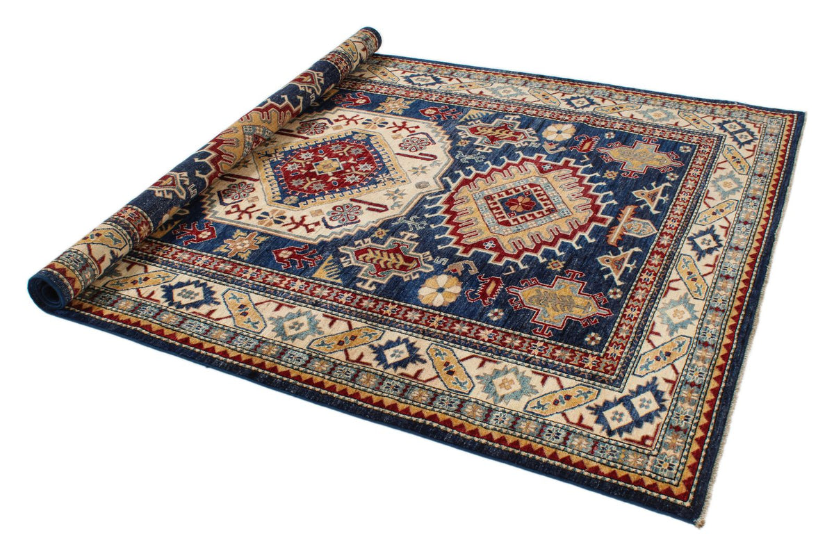 6x9 Navy and Ivory Kazak Tribal Rug