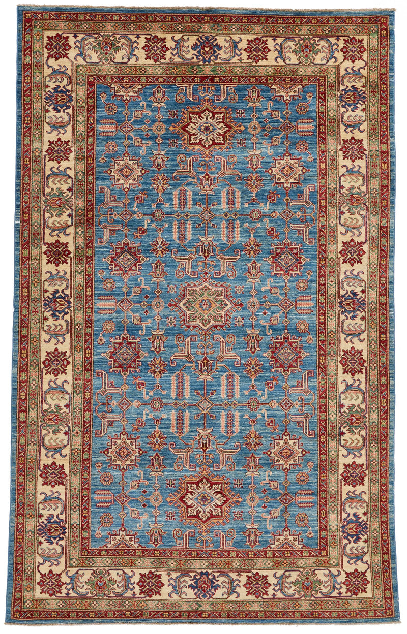 6x10 Blue and Ivory Kazak Tribal Rug