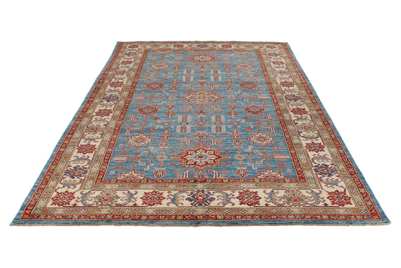 6x10 Blue and Ivory Kazak Tribal Rug